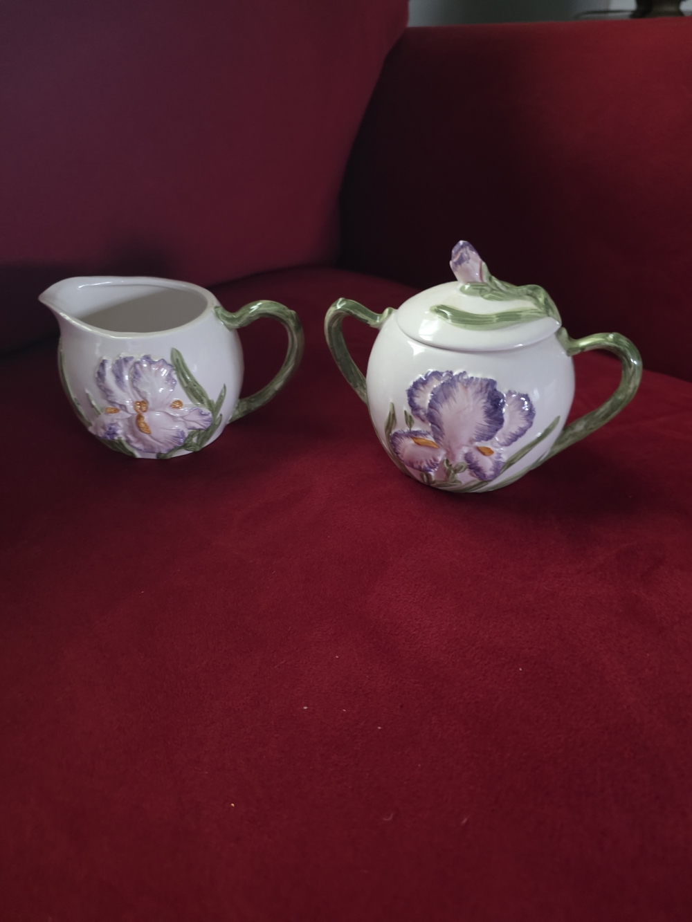 QVC White Ceramic Floral Sugar and Creamer Set with Purple Iris Accents